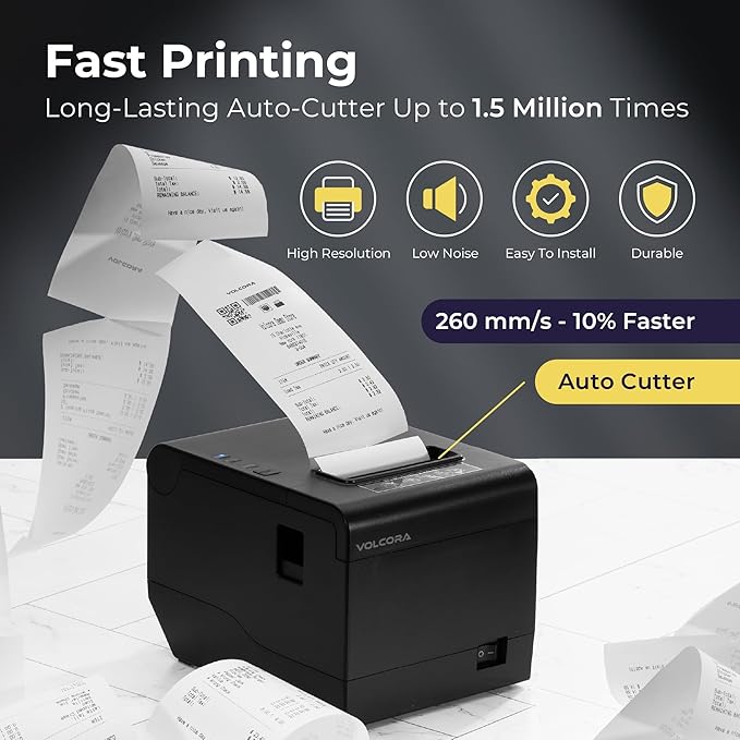 Volcora Thermal Receipt Printer, 80mm POS Printer w/Auto Cutter, USB/WiFi Interface for Windows/MAC/Linux, ESC/POS Command Support Cash Drawer, High Speed Kitchen Printer, Wall Mount (Black)
