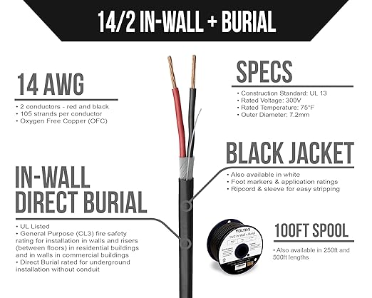 Voltive 14/2 Speaker Wire, in-Wall CL3 & Direct Burial, Black, 100ft - 14AWG, 2 Conductors, Stranded Oxygen-Free Copper, UL Listed - V-1208-1