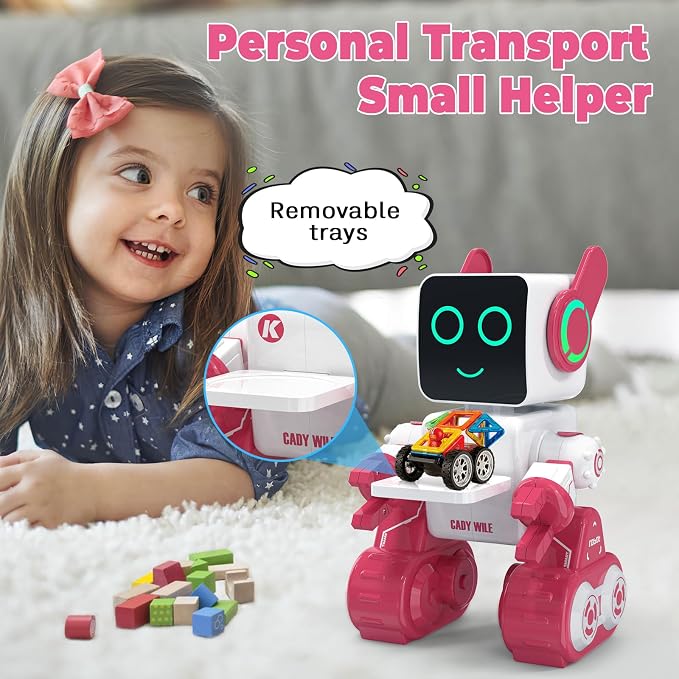 okk Robot Toys for Kids, Programmable Remote Control Robot, Interactive Toys with Coin Bank, LED and Tray, Walking Talking Singing Dancing Gift for Boys Girl（Pink）