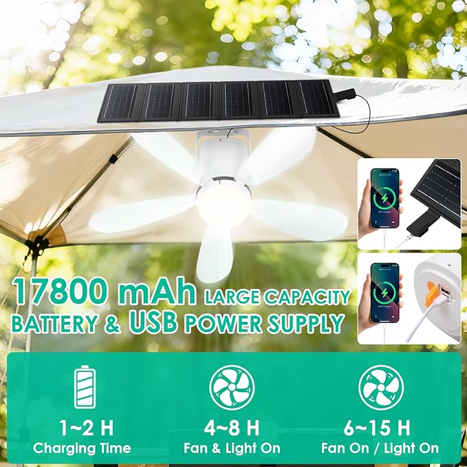 21” Solar Ceiling Fan Light, Foldable Solar Panel Portable Gazebo Fan with Remote, Wireless Battery Operated Ceiling Fan Light Outdoor, for Camping RVs Tent Patio Canopy Chicken Coop Outside