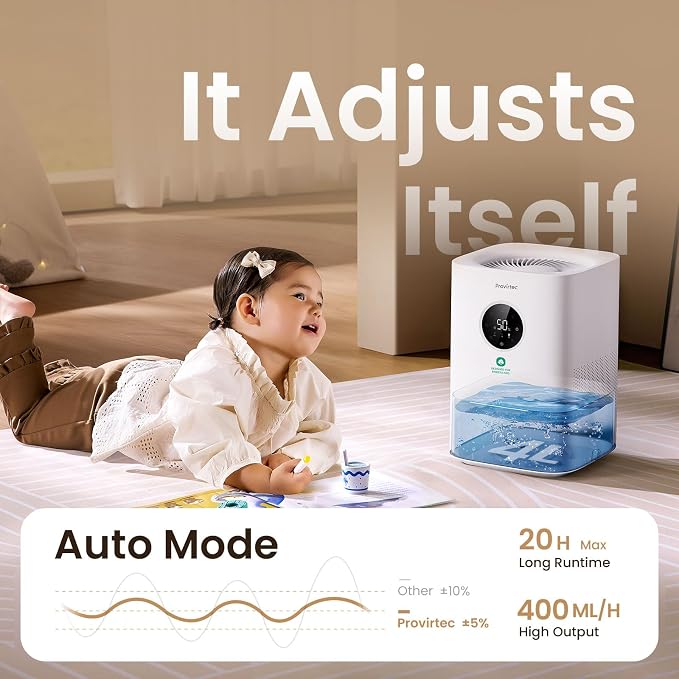 Provirtec Pro Baby Evaporative Humidifier for Bedroom, MistFree & No White Dust, BPA-Free and 16dB Quiet Sleep for Kids, 3 Age-Modes, Auto Control, Tap Water Safe, 4L Easy Clean Tank for Nursery
