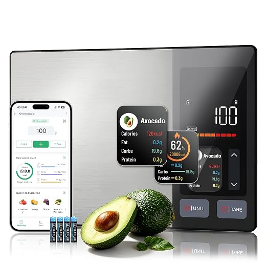 Smart Food Scale with App & TFT Display – Digital Food Scale for Calorie & Macro Tracking, 50 Built-in Foods, 23 Nutrients Analysis for Weight Loss & Meal Prep, Gray Silver