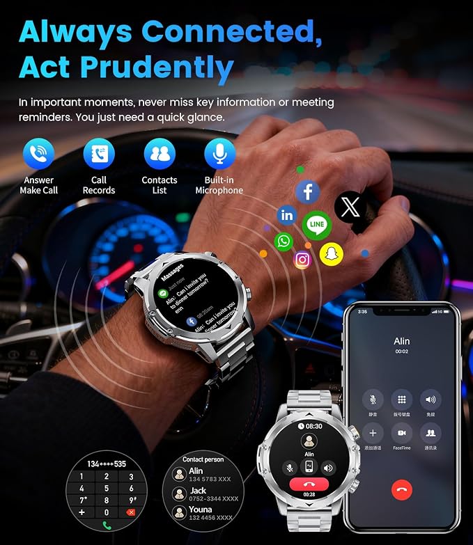 FITFLEX Military Smart Watches for Men with Answer/Make Call, 1.53“ HD Smart Watch with 1000 mAh Battery/LED Torch/120+Sports/Waterproof IP68, Watch for Men Compatible with Android/iOS(Silver)