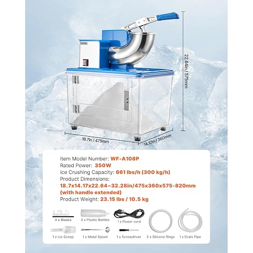 VEVOR 110V Commercial Ice Crusher 661LBS/H, ETL Approved 300W Electric Snow Cone Machine with Dual Blades, Stainless Steel Shaved Ice Machine with Safety On/Off Switch for Family, Restaurants, Bars
