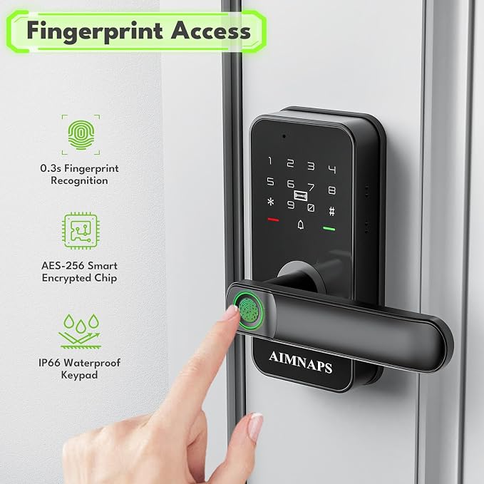 Keyless Entry Door Lock with Handle, Door Locks for Front Door, Auto Lock, WiFi Fingerprint Door Knob with App, Key, Passcode, Digital Smart Code & Front Handle Sets-Black