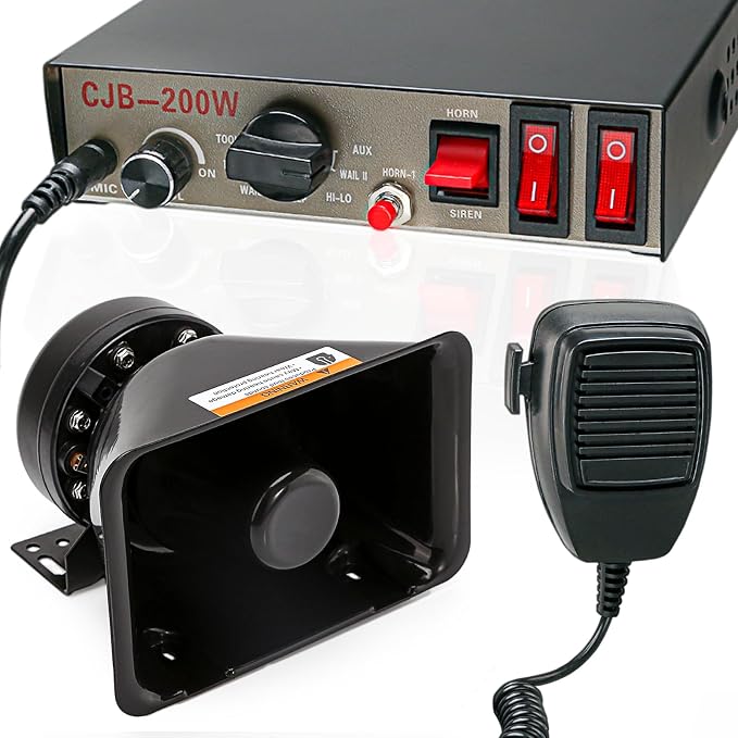 9 Tones Police Emergency PA Siren System 12V 200W [Rectangle Speaker][125-135dB][Handheld Microphone][Hands-Free][2 x 10A Switches] for Firefighter Ambulance Vehicles Truck SUV ATV UTV