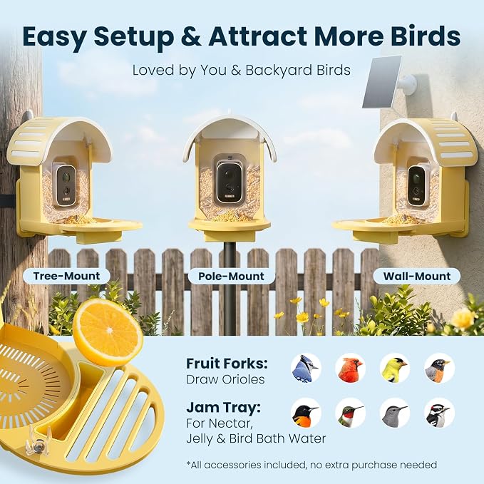 Smart Bird Feeder with Camera, 2.5K UHD Bird Camera AI Identifies 11,000+ Bird's Species, Real-time Bird's Videos & Pictures, Solar Powered Feeder Wireless for Outdoor, Ideal Gift for Dad, Yellow