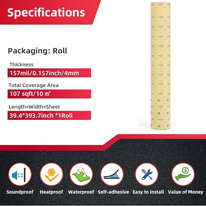 Sound Deading Material for Cars, 157mil(4mm) 107.64sqft Sound Deadening Mat - Automotive Noise Insulation and Vibration Dampening Material Foam for Auto Audio, Door, Roof, Floor and Trunk