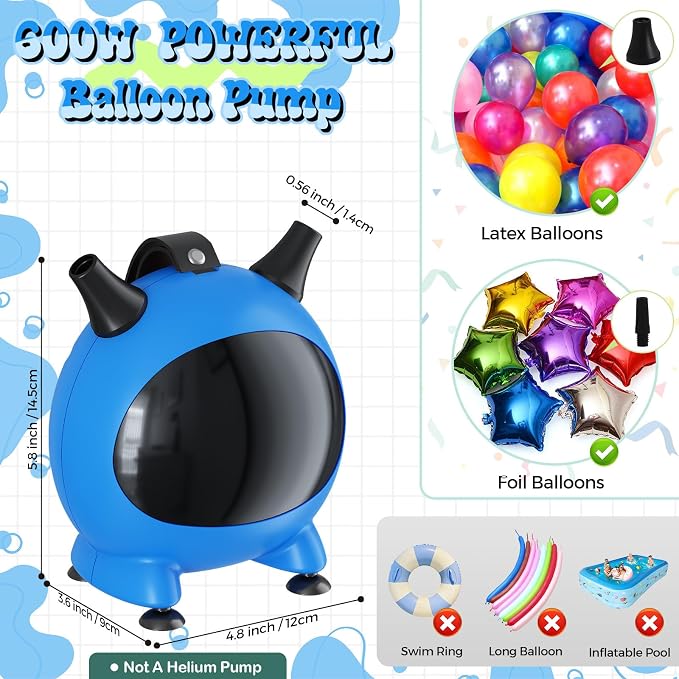 Togvu Balloon Pump Electric, Portable Balloons Inflator Air Pump with 2 Nozzles, Small Balloon Blower Machine 600W for Latex Garland Arch and Foil Balloons