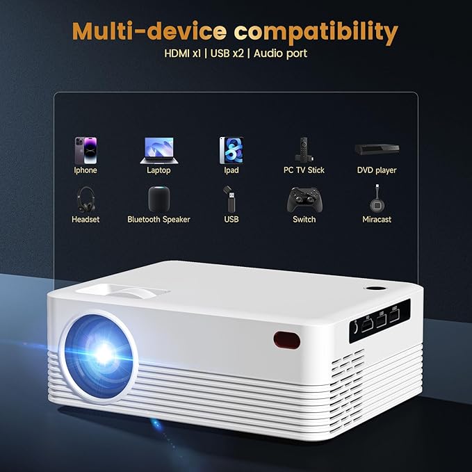 Projector with WiFi and Bluetooth, Native Full HD 1080P Bluetooth Mini Projector,8K Support,Video Projector for Home Theater, Compatible with Smartphone, HDMI, USB, AV, Fire Stick, PS5