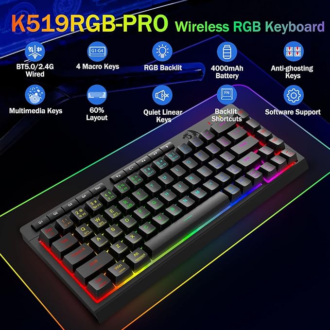 Redragon Wireless Gaming Keyboard, Bluetooth/2.4GHz/USB-C Wired, RGB Backlit, Portable 60% Mini Quiet Macro Membrane Keyboard, Rechargeable 4000mAh Battery, Anti-Ghosting for Win/MAC