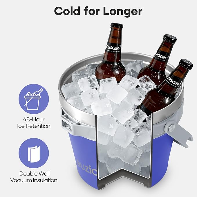 BUZIO 7 L Insulated Ice Bucket with Lid and Shoulder Strap for Parties, Double Wall Vacuum Large Bucket with Scoop, Tongs and Stainless Steel 14 oz Cups for Cocktail Bar, Purple