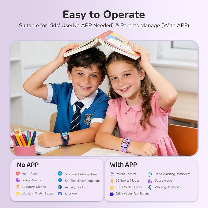 ENOMIR Smart Watch for Kids Girls Boys, Kids Smart Watch with Health Monitor, Activities Track & Pedometer, Long-Lasting Digital Watches with Puzzle Games & Clock Reminders, Gifts for Child-Purple