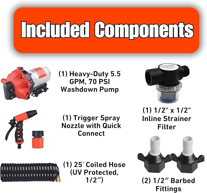 SEAFLO 55-Series Washdown Pump Kit - 12V DC, 5.5 GPM, 70 PSI, Self-Priming, Coiled Hose, Spray Nozzle, High Flow for RV, Boat, Off-Grid, Freshwater, and Saltwater Applications 4-Year Warranty