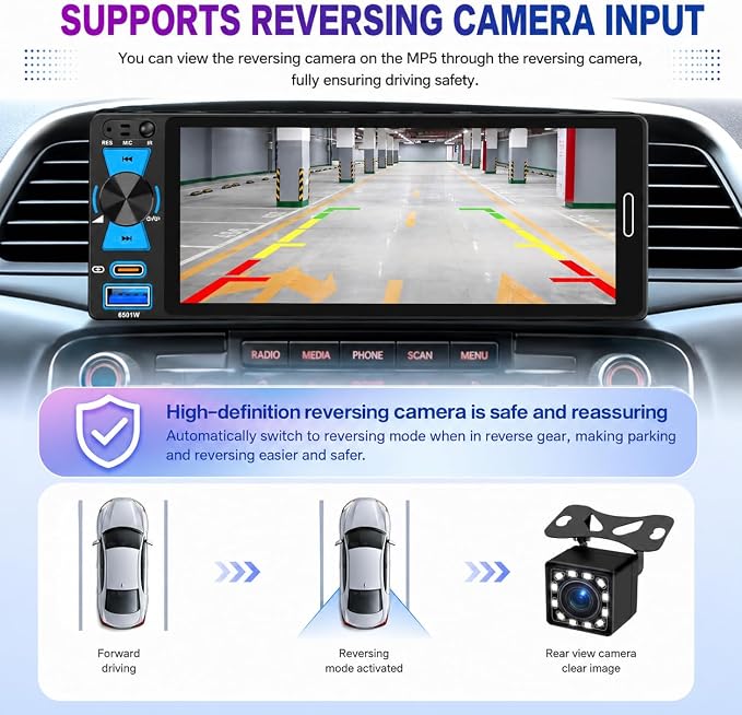 Single Din Car Stereo, 6.5 Inch in-Cell Touch Screen, Wireless Apple CarPlay Android Auto, Bluetooth 5.2, 180W Amplifier, Car Radio, Dual USB + Type-C, Backup Camera, Universal Fit for One Din Cars