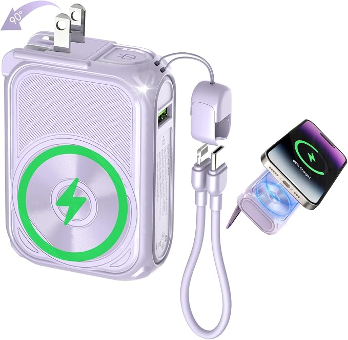 SEANCHEER P05 Portable Charger, Magnetic Power Bank, Small PowerBank, Battery Pack10000mAh Travel Essentials Fast Charging with Built in Cable, Foldable Wall Plug for iPhone,Samsung,Andriod (Purple)