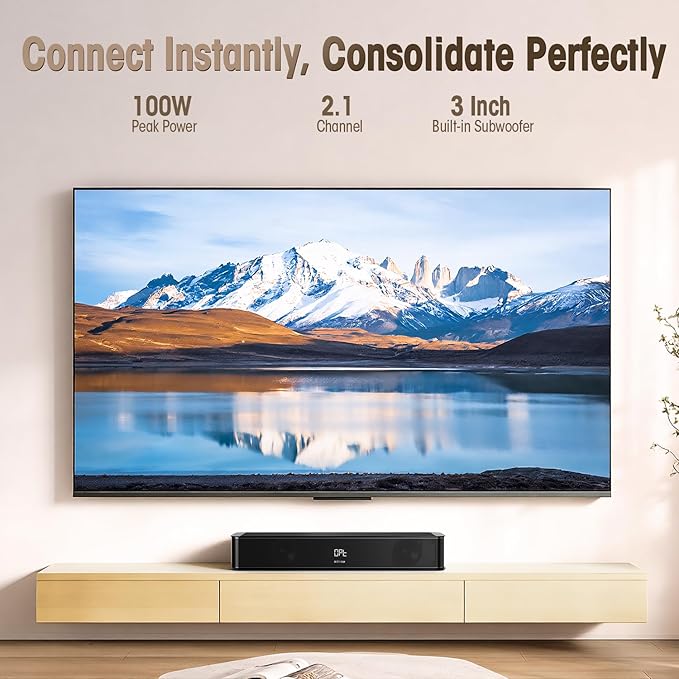 BESTISAN 2.1ch Sound Bar with Built-in Subwoofer, 100W Peak Power, HDMI ARC/Opt/AUX/USB/Bluetooth 5.3, 3 EQ Modes & Volume Boost, 16.5" All-in-One for TV/PC/Gaming/Projector