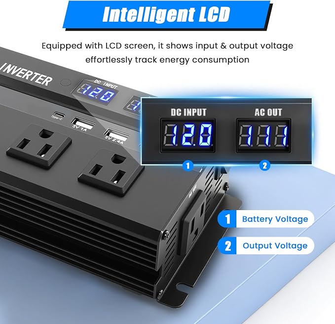 1200W Peak Power Inverter, Inverter 12v to 110v with Fast Charging 2.4A USB、Type-c and 3 AC Outlets Ideal,Power Converter Car for Road Trips, Camping, Rv, Truck, and Camping Power Needs