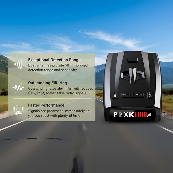 Upgraded Radar Detector, Radar Detectors for Cars, Up to 1100 Yards Long Range Detection, X/K/Ka/KU/ST/CT Band & Laser Detection with Voice Alert, Intelligent False Alert Filter Black