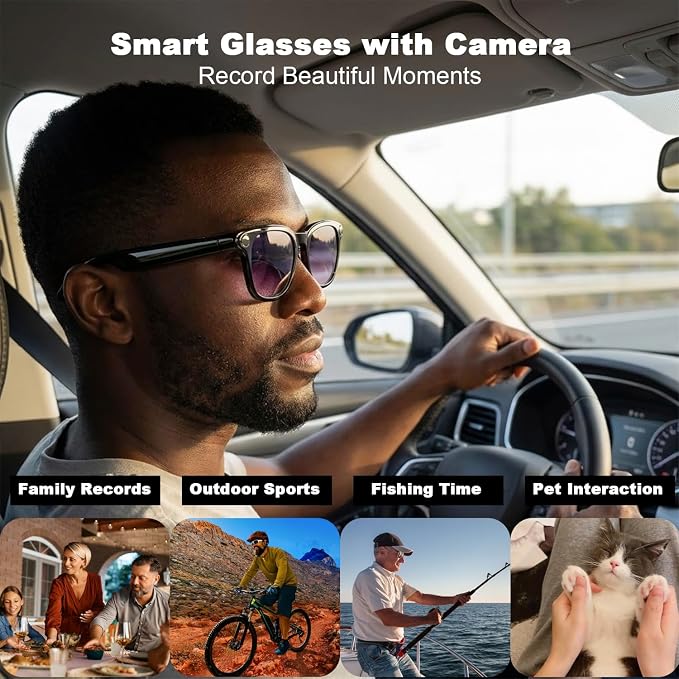 AI Smart Glasses with Camera, 8MP HD Bluetooth Camera Glasses, 1080P Video Recording Sunglasses for Women Men, Real Time Translation, Voice Assistant, Open Earbuds for Travel, Work Vlog (3 lenses)