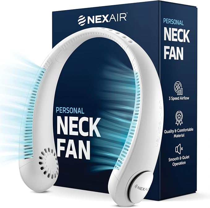 NEXAIR Portable Neck Fan Hands Free Cooling Lightweight Bladeless Neck Fan, 3 Speeds, 2400mAh Battery, 5H Runtime White