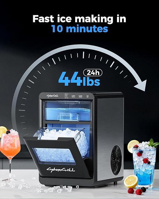 CyberChill Nugget Ice Maker Countertop 44lbs Per Day Pebble Sonic Ice Makers Machine Chewable Pellet Ice with Self-Cleaning Removable Water Tank See Through Window for Home/Kitchen/Office