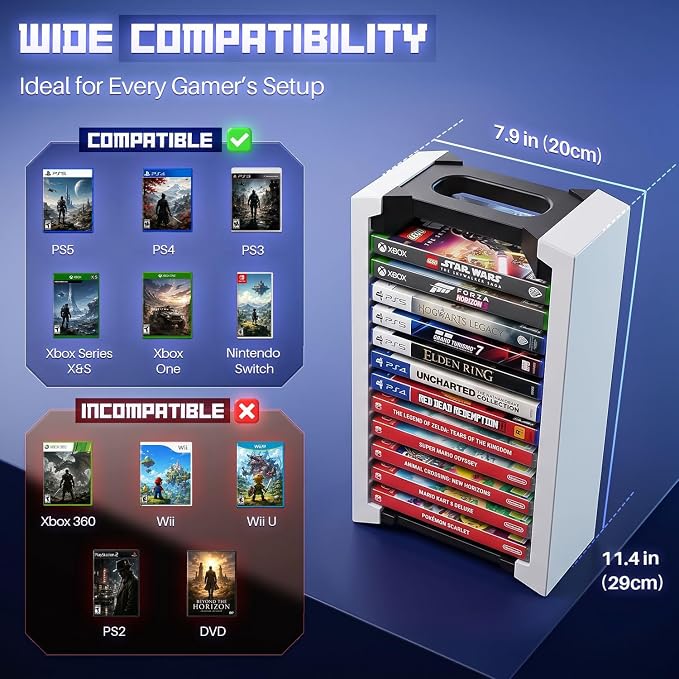 TNP Universal Video Game Storage Tower for PS5, PS4, PS3, Nintendo Switch, Xbox One, Xbox Series S/X - White Video Game Holder Organizer Stand with 12 CD Case Storage for Organizing & Displaying