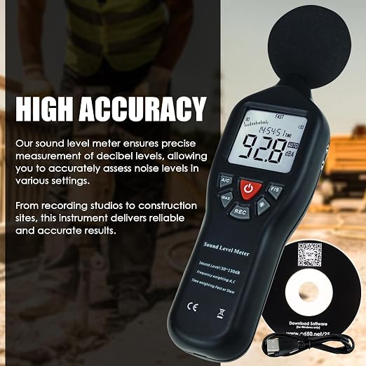 Decibel Meter Sound Level Meter Data Logger with CD Software Audio Decibel Noise Measure Tester 30 – 130 dB Audio Noise Measuring Range with Backlit LCD Display, Data Record Function