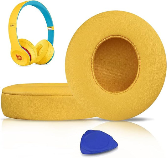 SoloWIT Earpads Cushions Replacement for Beats Solo 2 & Solo 3 Wireless On-Ear Headphones, Solo2 Solo3 Ear Pads with Soft Protein Leather, Added Thickness - Yellow