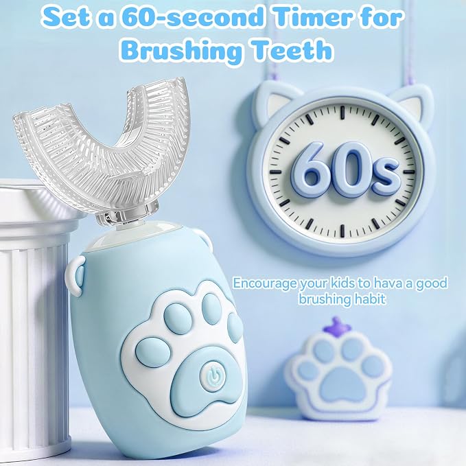 Kids U Shaped Electric Toothbrush for Age 2-12, Rechargeable Toddler Toothbrush with Smart Timer & 3 Clean Modes, Cat's Claw Design, IPX7 Waterproof, 3 Brush Heads & 360°Cleaning