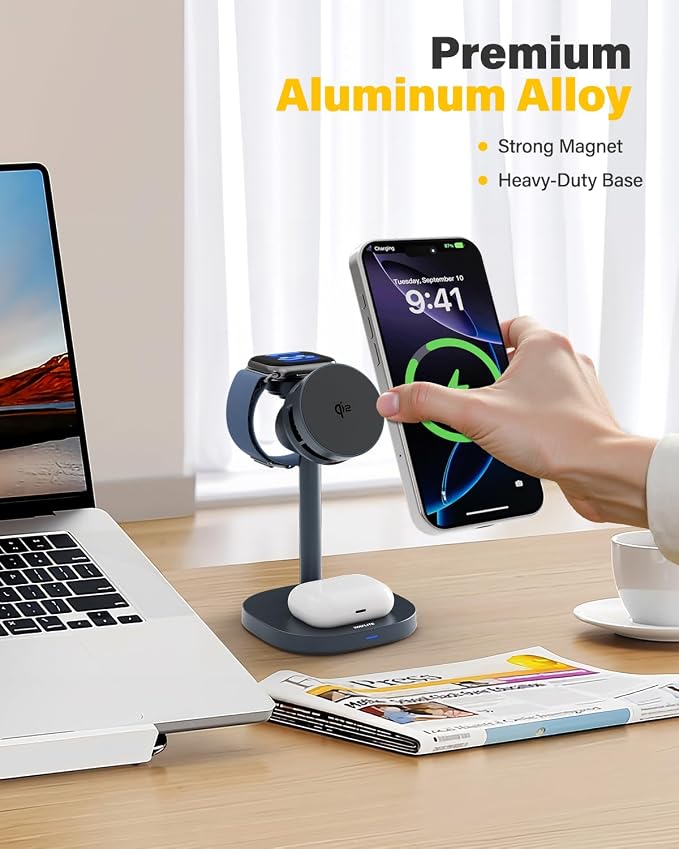 3 in 1 Wireless Charging Station for Apple MagSafe Charger Stand,15W Qi2 Fast Phone and Watch Charger with TEC Cooling, Magnetic Wireless Charger for iPhone17 16 15 14 13, Apple Watch, AirPods, Ashy