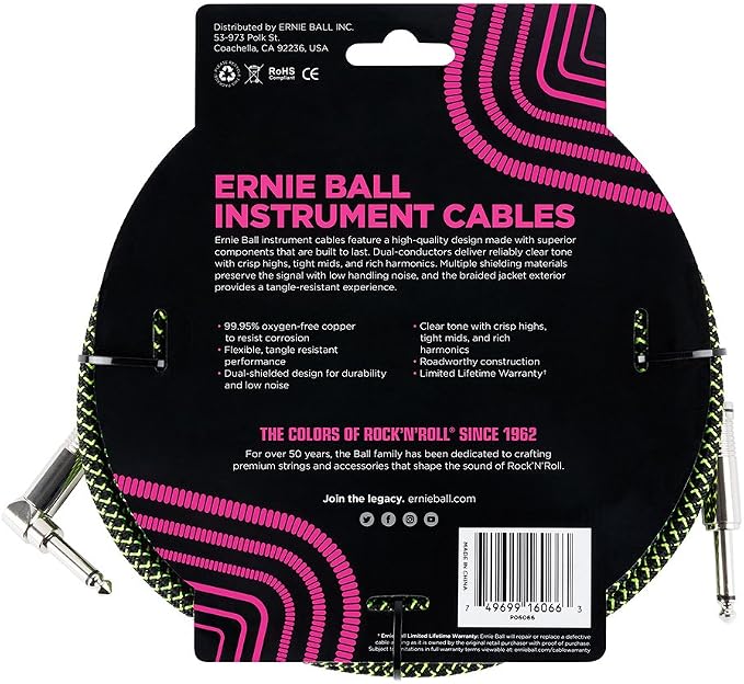 Ernie Ball Braided Instrument Cable, Straight/Angle, 25ft, Neon Green/Black (P06066)