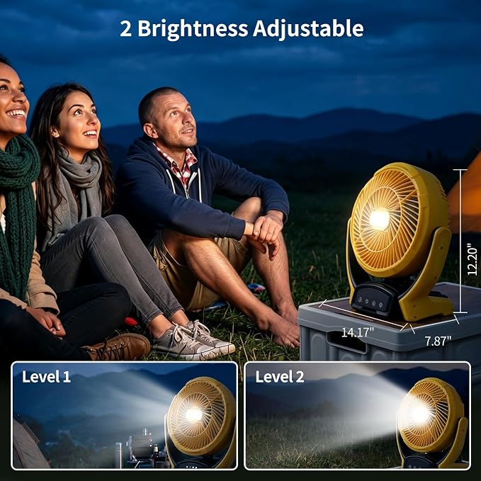 Battery Operated Camp Fan Compatible with Dewalt 20V Max Battery, Cordless 6 Speeds Wind Camping Rechargeable Fan with LED Lantern/AC Adapter for Outdoor, Beach, Patio, Tent(Battery No Included)