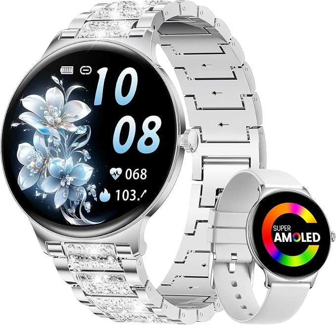 LIGE Ultra-Thin Smart Watch for Women,1.43" Always-on Display Smart Watch with Bluetooth Call,Health Tracker 100+ Sports Modes, Mutifuction Women Smartwatch for Android iOS 2 Straps(Silver)