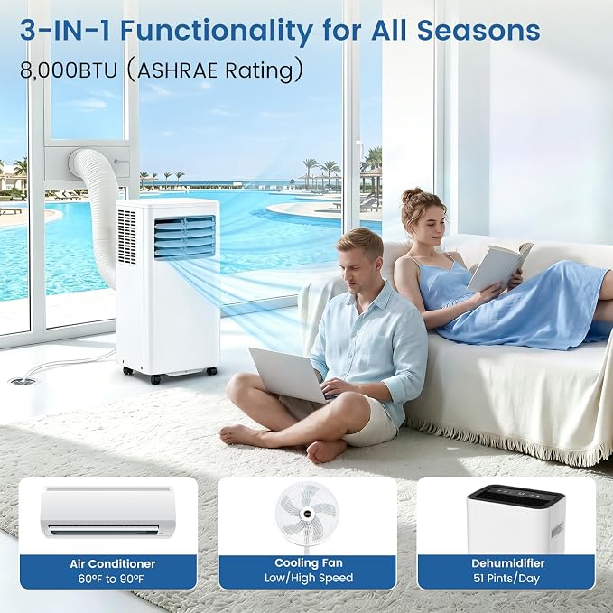 Electactic 8000 BTU Portable AC, 3-in-1 Air Conditioner with Dehumidifier & Cooling Fan, Remote Control, LED Display, Sleep Mode, Quiet, 24H Timer, 360° Casters & Window Kit, for Room Office Apartment