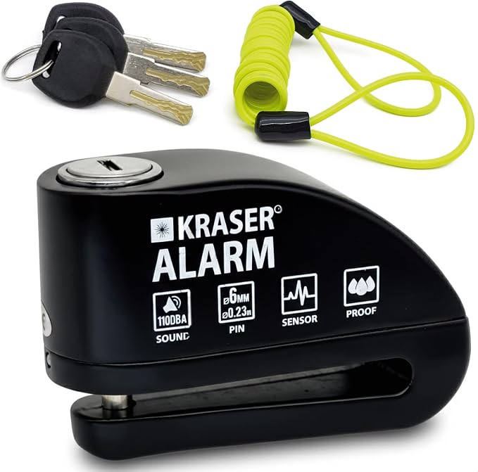 KRASER 6Y Alarm Disc Lock, Reinforced Disc Brake Lock with 3 Keys (Others 2), Heavy Duty Anti-Theft Motorcycle with Alarm,110dB, Weather-Resistant, Reminder Cable, Pouch, Motorbike Moped E-Bike