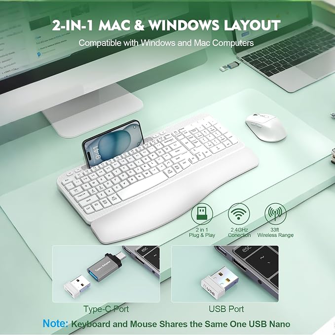 Wireless Keyboard and Mouse Combo, Full-Sized Ergonomic Wave Keys Keyboard with Memory Foam Wrist Rest & Phone Holder, 2.4G Quiet Keyboard Mouse Work Setup for PC Laptop, Office or Home (White)