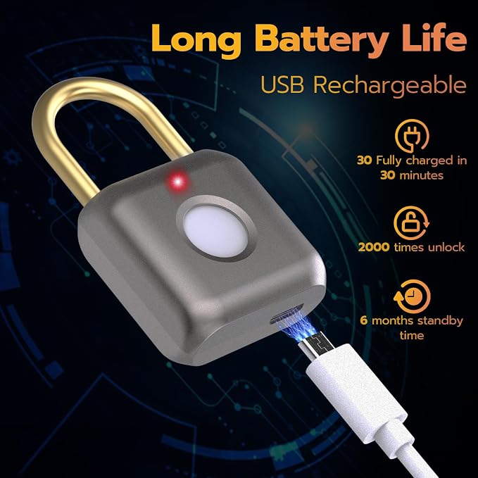 Pothunder Fingerprint Padlock, Smart Padlock, Locker Lock, Biometric Keyless Fingerprint Lock for Gym Locker, Toolbox, Locker, Door, Luggage, Backpack(Gray)
