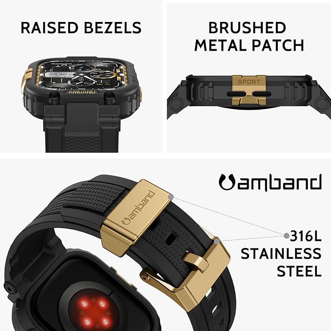 amBand Compatible with Apple Watch Series 11/10 46mm Bands Case for Men, M1 Sport Rugged Heavy Duty Cover Tactical Strap Military Protector Bumper for iWatch Workout Accessories 46 mm - Black Gold