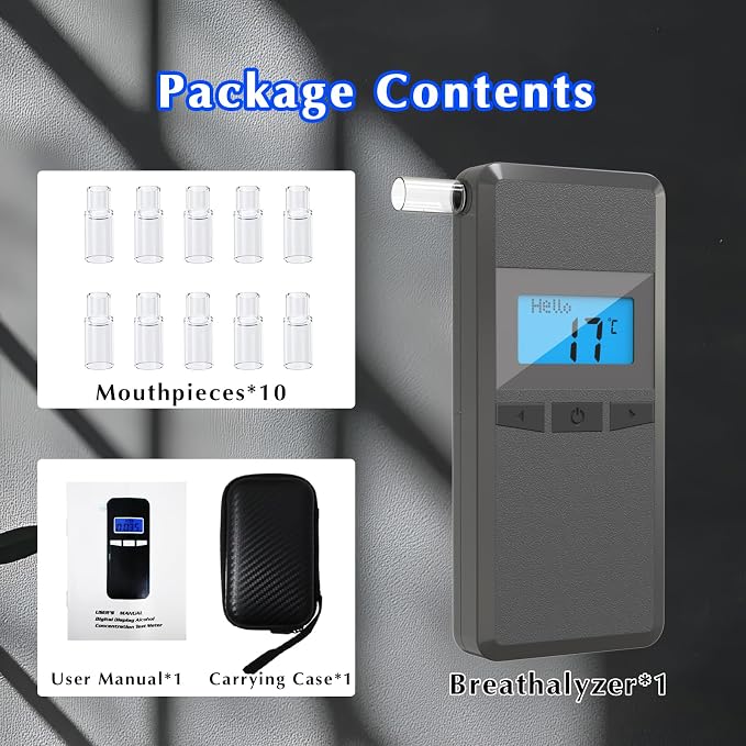 Portable Breathealyzer for Alcohol, BAC Tracker Breathalyzer with 3-Color Warning Police-Grade Alcohol Breathalyzer Tester for Home Health Use with 10 Mouthpieces