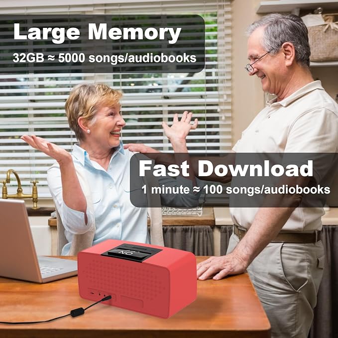 Simple Music Player for Elderly, Easy Audiobook Player with 32GB TF Card & Card Reader for Dementia, Alzheimers, Visually Impaired, Low Vision Patients, Wired - Red