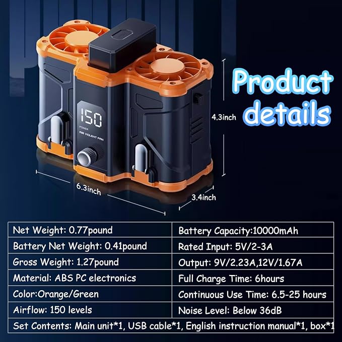 Detachable Battery 150-Level Waist Fan Super Strong Wind | USB Charging & Reverse Charging Hiking Commute/School Lighting Hands-Free Quiet Operation
