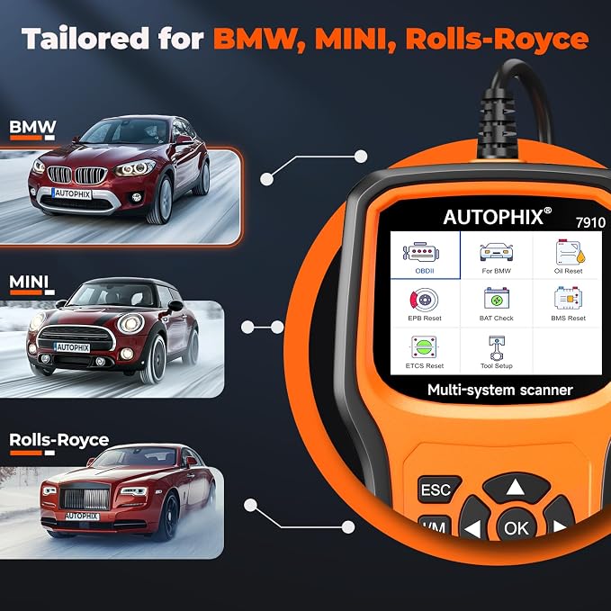 AUTOPHIX 7910P+ BMW OBD2 Scanner, Full System Diagnostic Tool | Battery Registration Tool for BMW, MINI and Rolls-Royce OBD2 vehicles. All Reset Services like EPB, CBS, SAS and DPF reset