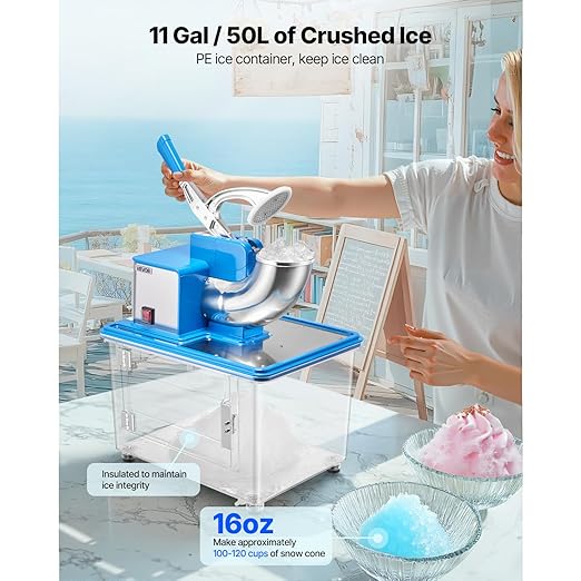 VEVOR 110V Commercial Ice Crusher 661LBS/H, ETL Approved 300W Electric Snow Cone Machine with Dual Blades, Stainless Steel Shaved Ice Machine with Safety On/Off Switch for Family, Restaurants, Bars