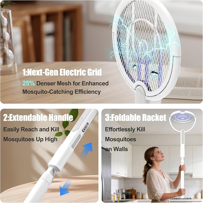 Rotating Head Electric Fly Swatter Racket, Bug Zapper Indoor with Long Telescopic Extension 4000V USB Rechargeable Mosquito Zapper Killer with Charging Base, 3 Modes Automatic & Manual
