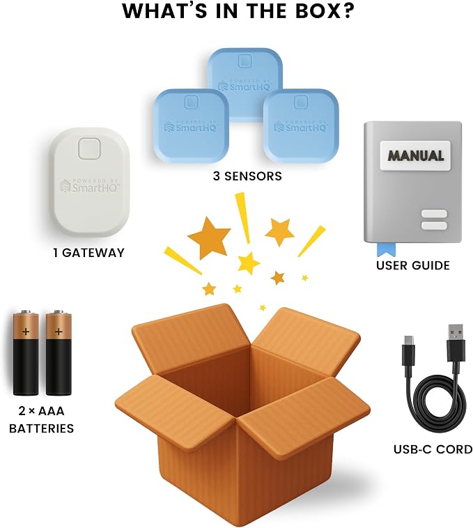 SmartHQ™ WiFi Water Leak Detector, Personal Security Water Leak Alarm with App Alerts, Wireless Leak Detection for Bathroom, Laundry Room, Basement, Garage, 3-Pack (Battery Included)