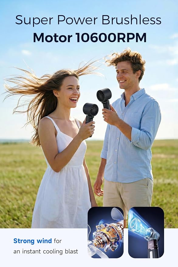 Portable Handheld Turbo Fan with Cooling Plate and Retractable USB-C Cable, 6000mAh Rechargeable, Powerful 100-Speed Wind, LED Display,135° Adjustable, Summer Essential for Travel/Outdoor/Office