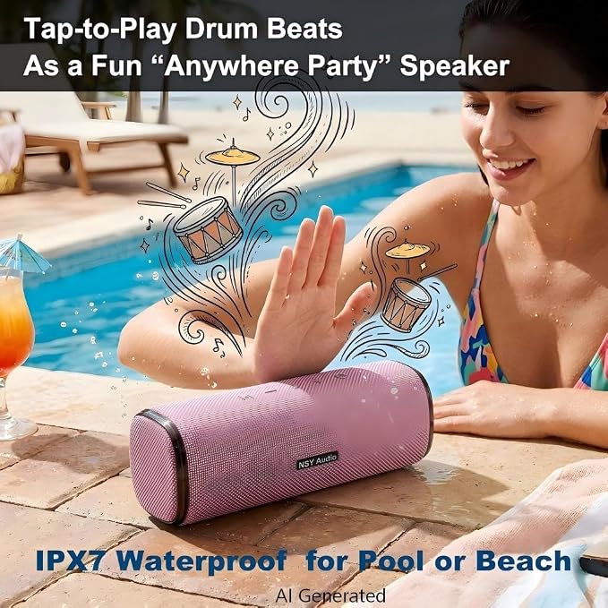 40W Bluetooth Shower Speaker, IPX7 Waterproof Floating Pool Speaker with Interactive Tap-to-Play Drum Beats, RGB Sync Lights, Built-in Mic for Hands-Free Calls, Pink