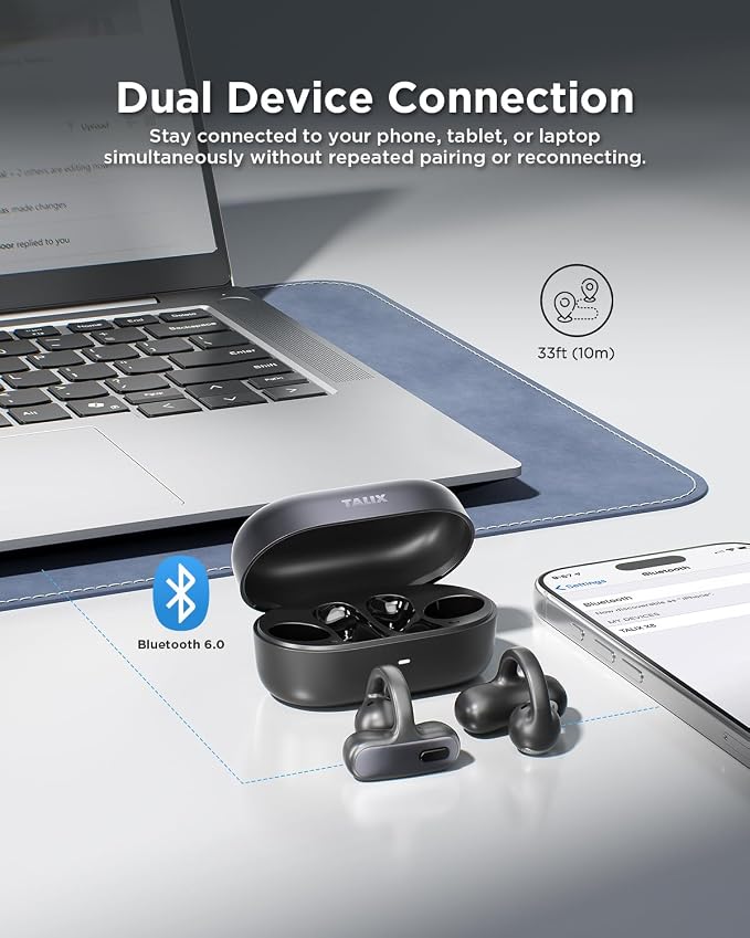 TALIX Open Ear Clip-On Earbuds X8 with AI ENC & Powerful Bass, Wireless Bluetooth 6.0, IPX4 Sweatproof Fitness Headphones, Physical Buttons, 5g Lightweight Ear Buds with Multi-Device Switching, Black