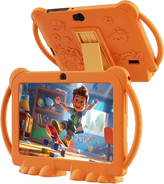 PEICHENG Kids Tablet 7 inch Android 12.0 for Toddler, 4GB RAM 32GB ROM Bluetooth IPS Screen Parental Control Dual Camera Shockproof Case for Educational Games (Orange)